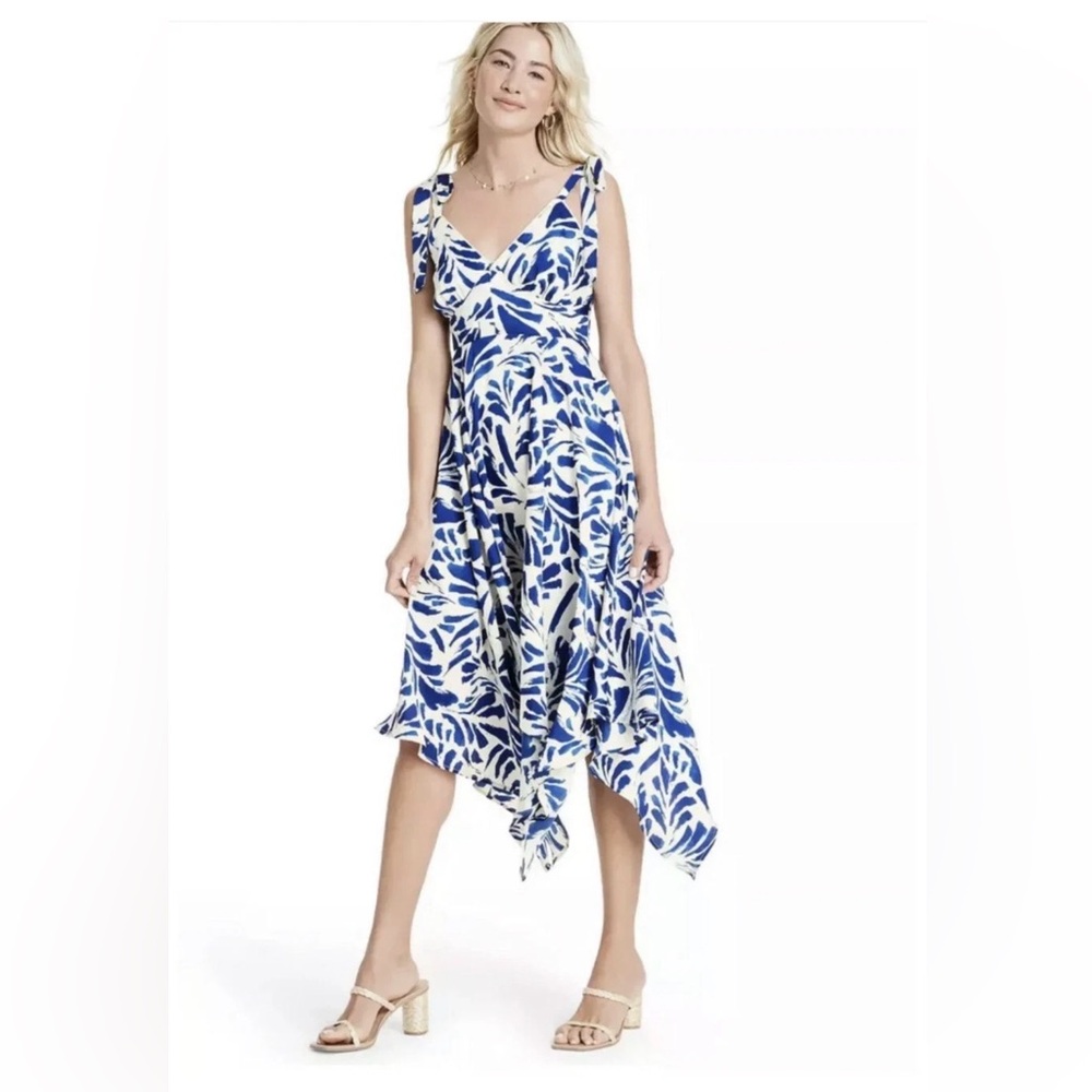 Alexis x Target Blue and White Asymmetrical Handkerchief-Hem Dress